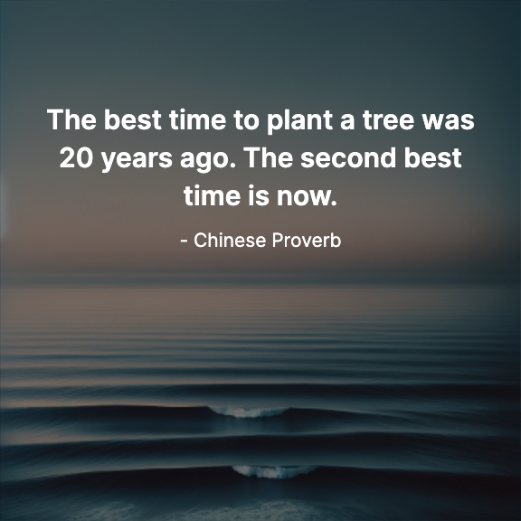 The best time to plant a tree was 20 years ago. The second best time is now. - Chinese Proverb